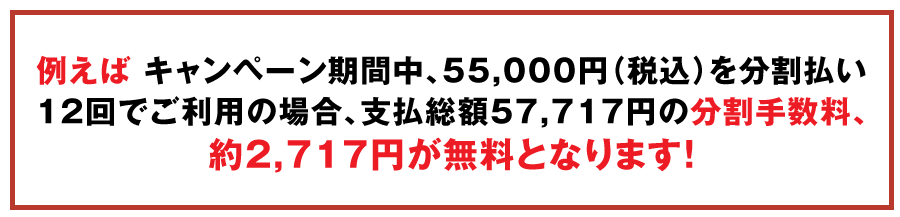 [例えば]キャンペーン期間中、55,000円(税込)を分割払い12回でご利用の場合、支払総額57,717円の分割手数料、約2,717円が無料となります！お目当てのアイテムを賢くゲットするチャンスです。